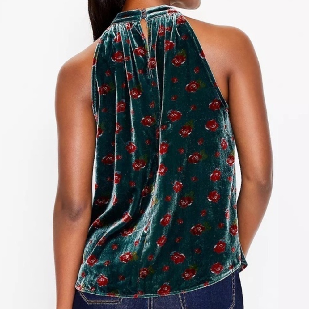 Ann Taylor LOFT Green Rose Print Velvet Halter Holiday Top Size XS - Picture 2 of 11